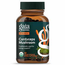 Gaia Herbs Cordyceps Mushroom supplement bottle with green cap containing 40 vegan capsules.