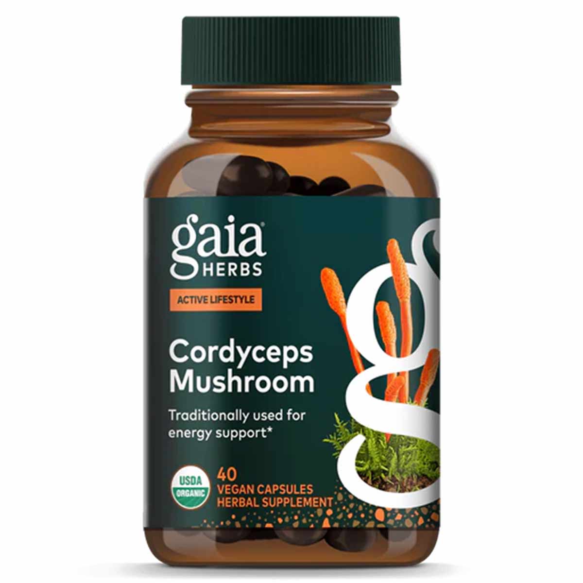 Gaia Herbs Cordyceps Mushroom supplement bottle with green cap containing 40 vegan capsules.