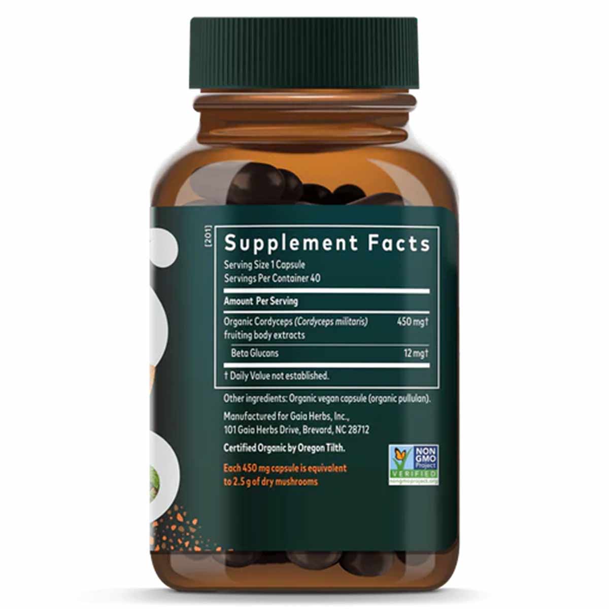 Brown glass bottle with green cap containing dark capsules, labeled Cordyceps Mushroom supplement by Gaia Herbs.