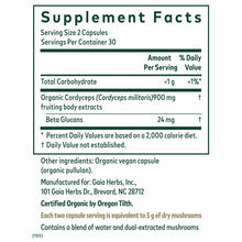 Supplement Facts label for Gaia Herbs Cordyceps mushroom capsules showing 900mg organic Cordyceps per serving with 24mg Beta 