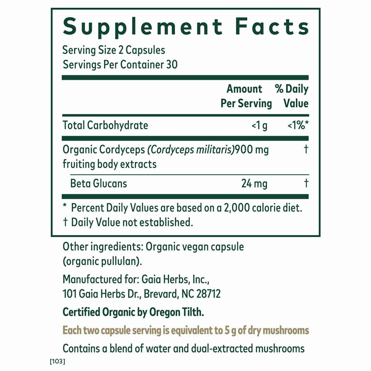 Supplement Facts label for Gaia Herbs Cordyceps mushroom capsules showing 900mg organic Cordyceps per serving with 24mg Beta 