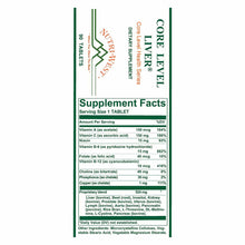 Bottle of Core Level Liver dietary supplement tablets by Nutri-West with supplement facts label showing vitamins, minerals, a