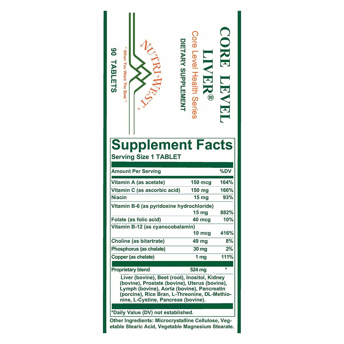 Bottle of Core Level Liver dietary supplement tablets by Nutri-West with supplement facts label showing vitamins, minerals, a