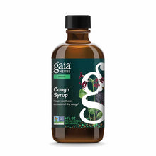Gaia Herbs Cough Syrup in a 4 fl oz amber glass bottle with black cap and teal label featuring botanical illustrations.
