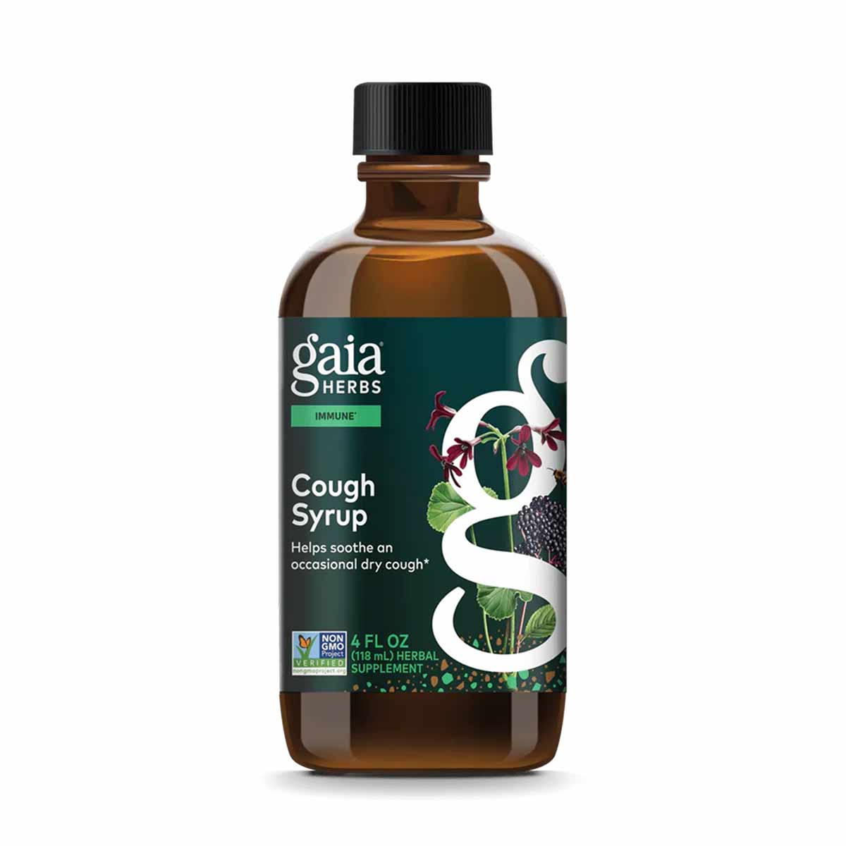 Gaia Herbs Cough Syrup in a 4 fl oz amber glass bottle with black cap and teal label featuring botanical illustrations.
