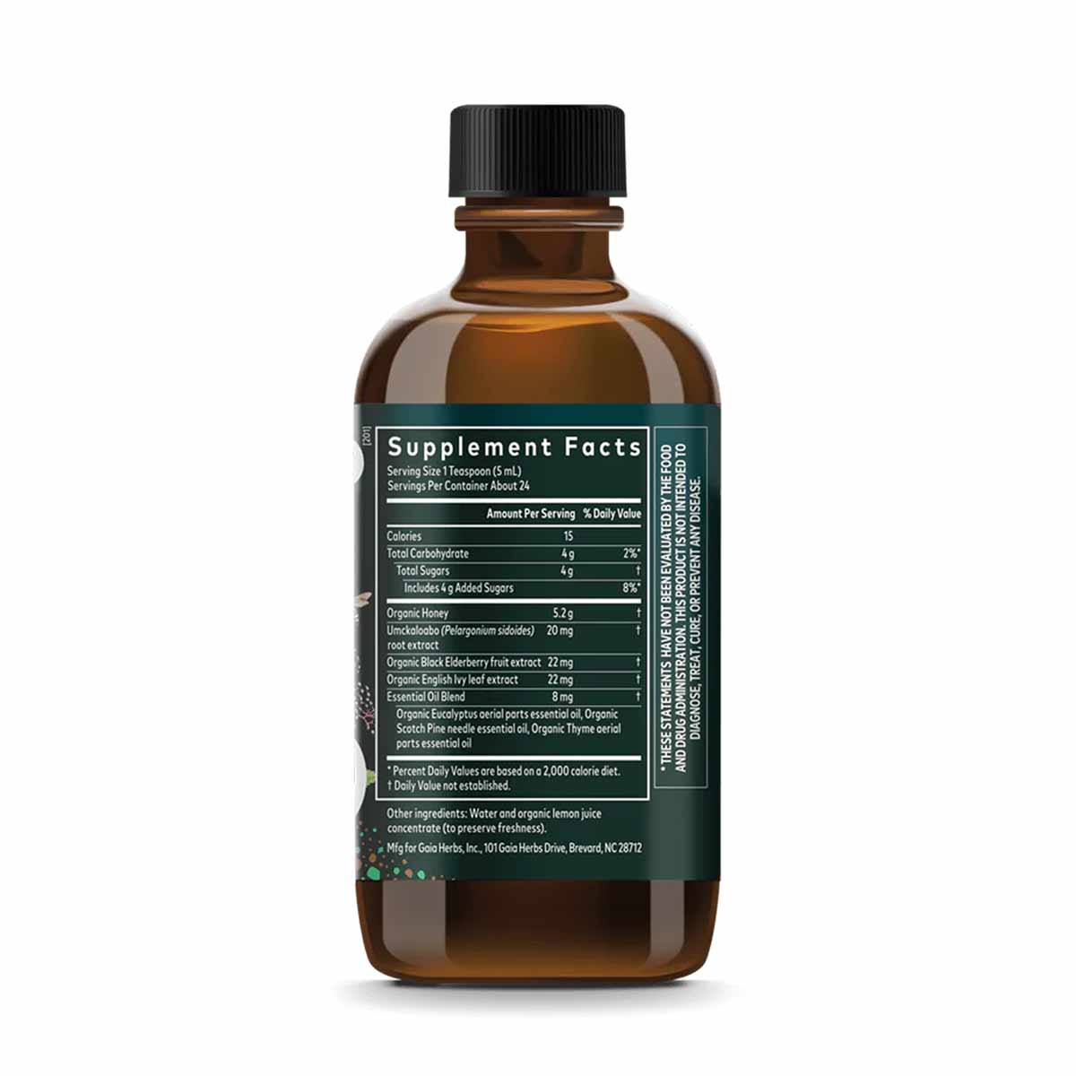 Amber glass bottle of Gaia Herbs cough syrup with black cap and green supplement facts label.