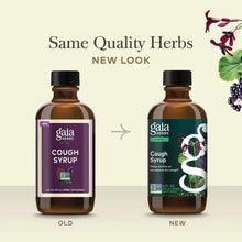 Two amber glass bottles of Gaia Herbs Cough Syrup showing old and new label designs side by side.