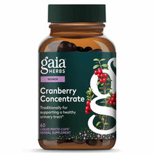 Gaia Herbs Cranberry Concentrate bottle with green cap containing 60 liquid phyto-caps herbal supplement.
