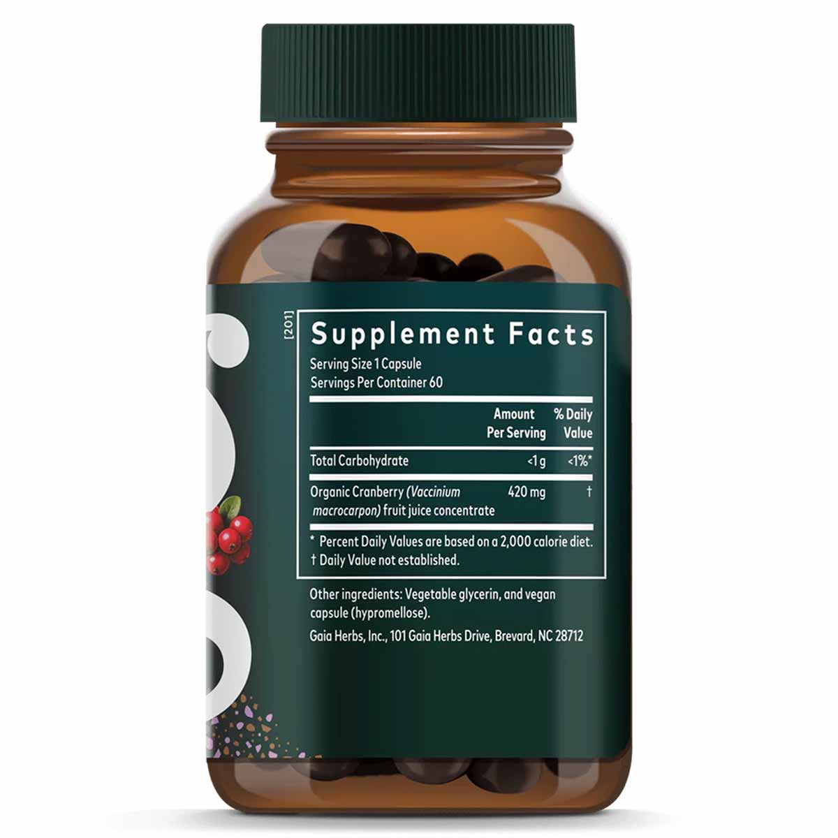 Brown glass bottle with green cap containing dark capsules, labeled with Supplement Facts for Cranberry Concentrate by Gaia H