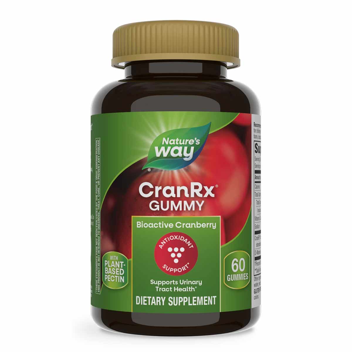 Bottle of Nature's Way CranRx Gummy dietary supplement with gold cap, green and red label showing cranberries and 60 gummies 