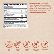 Supplement Facts label for CranRx Gummies showing nutritional information, ingredients, and dietary attribute icons.