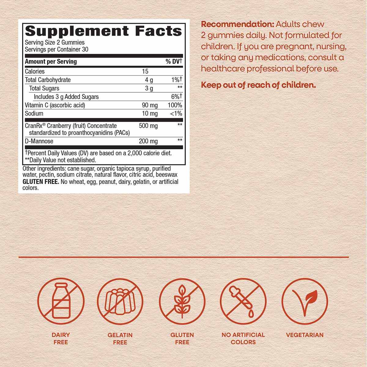 Supplement Facts label for CranRx Gummies showing nutritional information, ingredients, and dietary attribute icons.