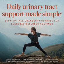 Woman in yoga pose on mountain overlook with text about cranberry gummies for urinary tract support.