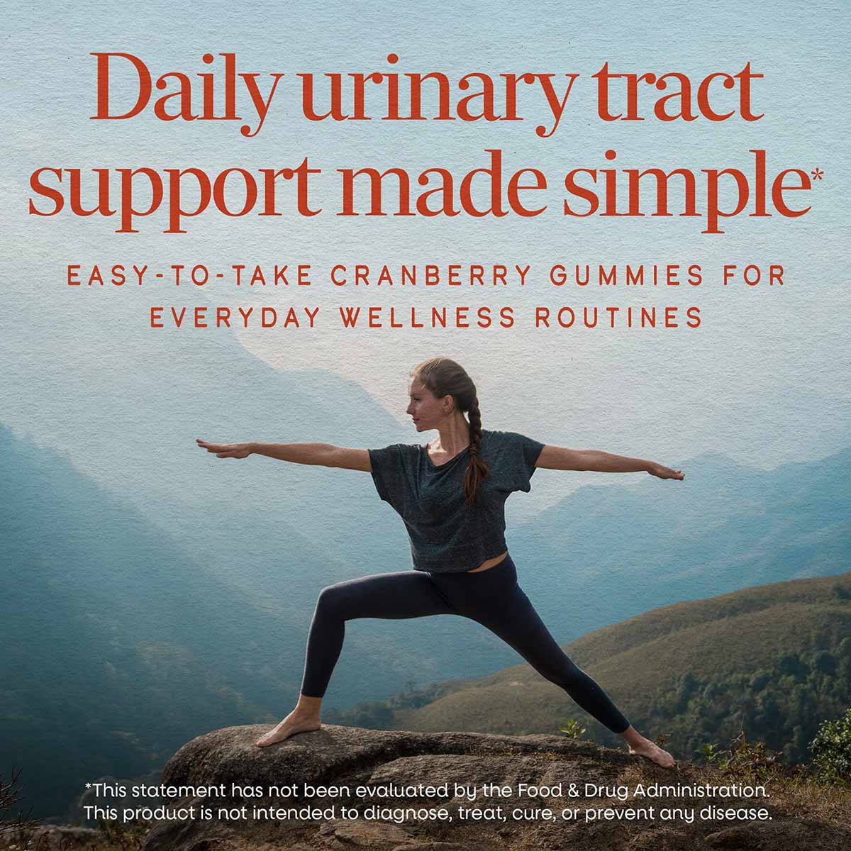 Woman in yoga pose on mountain overlook with text about cranberry gummies for urinary tract support.