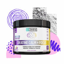 Zhou Nutrition Creatine Calm + Focus dietary supplement powder in black container with purple and yellow label, 7.8 oz.
