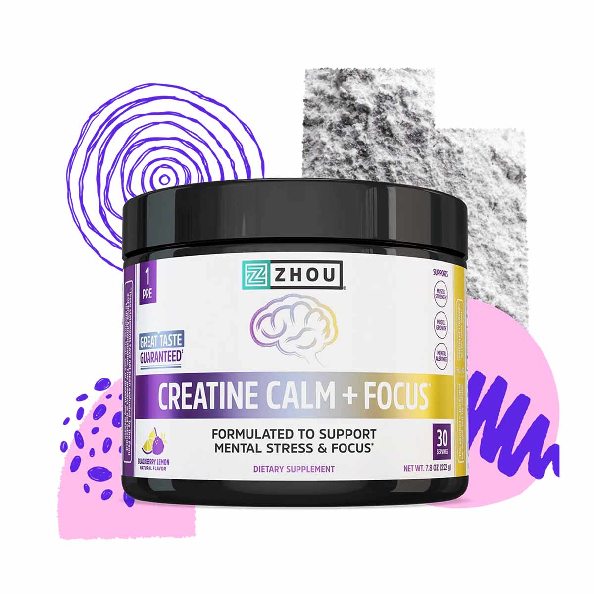 Zhou Nutrition Creatine Calm + Focus dietary supplement powder in black container with purple and yellow label, 7.8 oz.