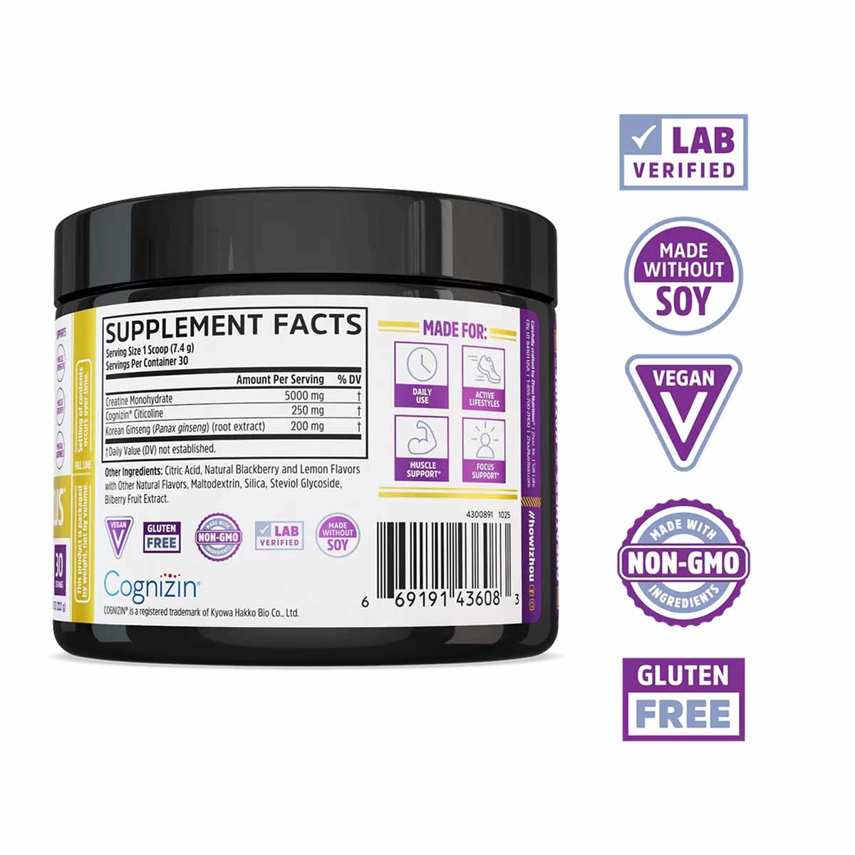 Black container of Zhou Nutrition Creatine Calm + Focus powder with purple and yellow label showing supplement facts and cert