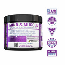 Black container of Zhou Nutrition Mind & Muscle creatine supplement powder with purple label and certification badges.