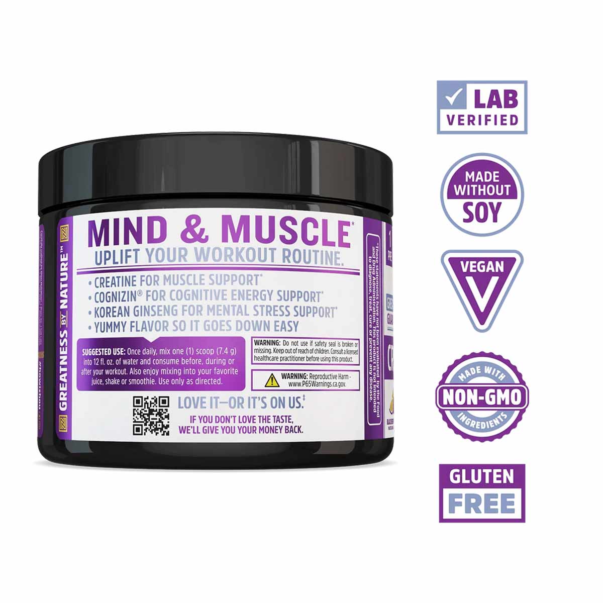 Black container of Zhou Nutrition Mind & Muscle creatine supplement powder with purple label and certification badges.