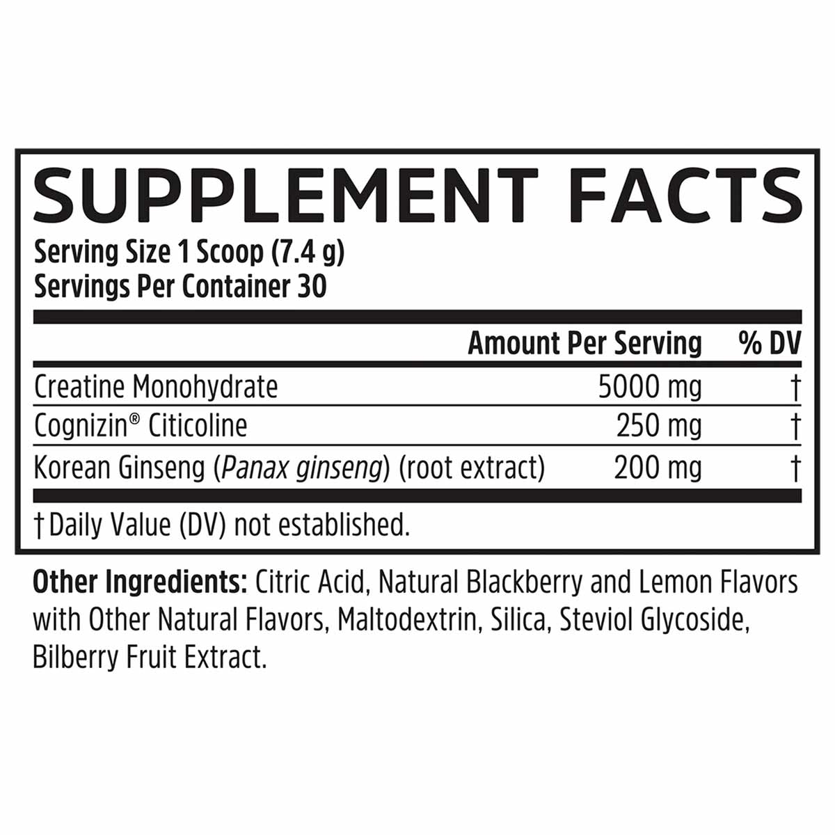 Supplement Facts label listing creatine monohydrate, Cognizin citicoline, and Korean ginseng with other ingredients including
