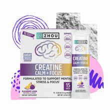Zhou Nutrition Creatine Calm & Focus stick pack box with 15 individual packets in blackberry lemon flavor, displayed with one