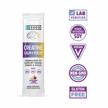 Zhou Nutrition Creatine Calm & Focus stick pack with blackberry lemon flavor and certification badges for lab verified, vegan