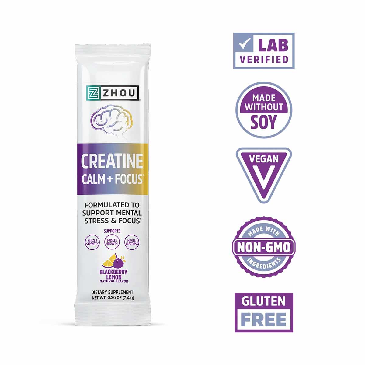 Zhou Nutrition Creatine Calm & Focus stick pack with blackberry lemon flavor and certification badges for lab verified, vegan