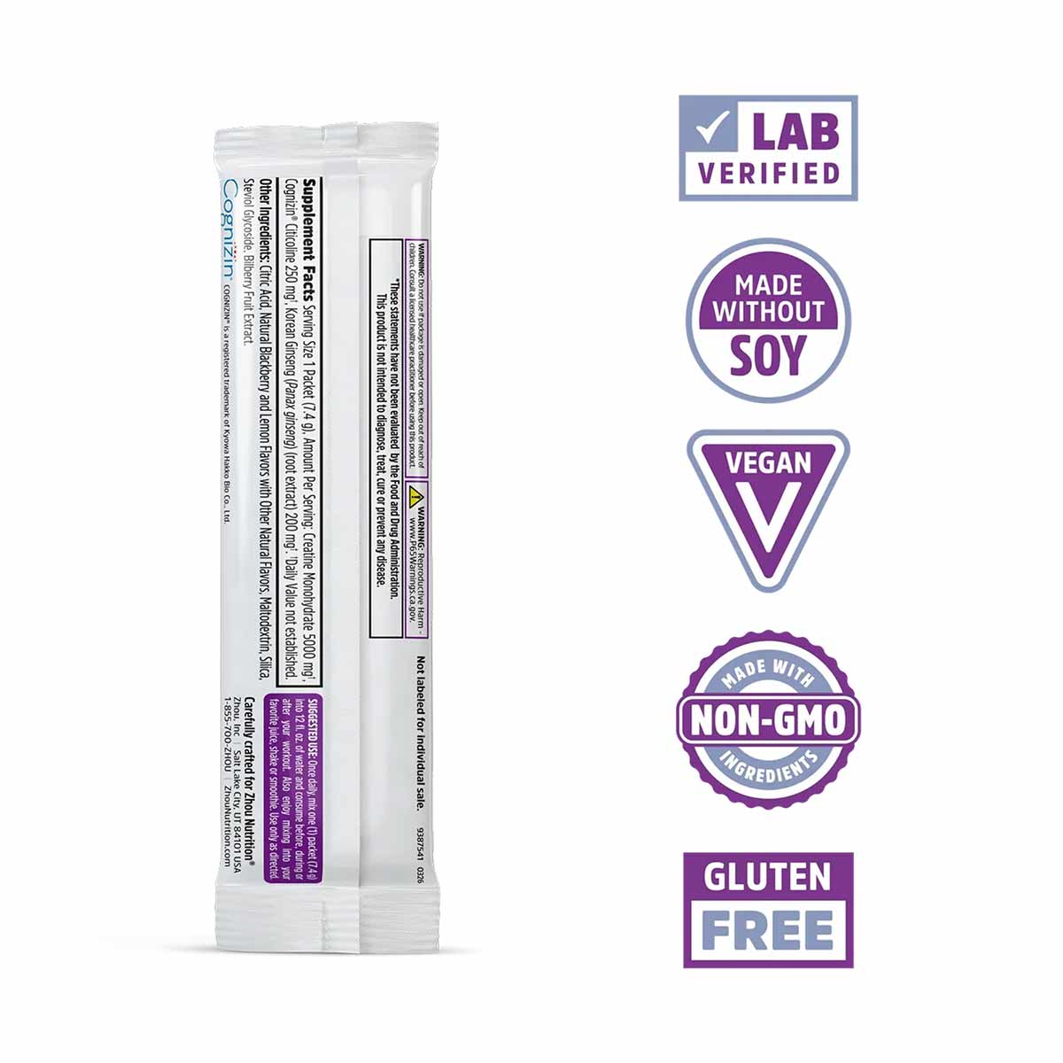 White stick pack with purple text and certification badges including Lab Verified, Made Without Soy, Vegan, Non-GMO, and Glut