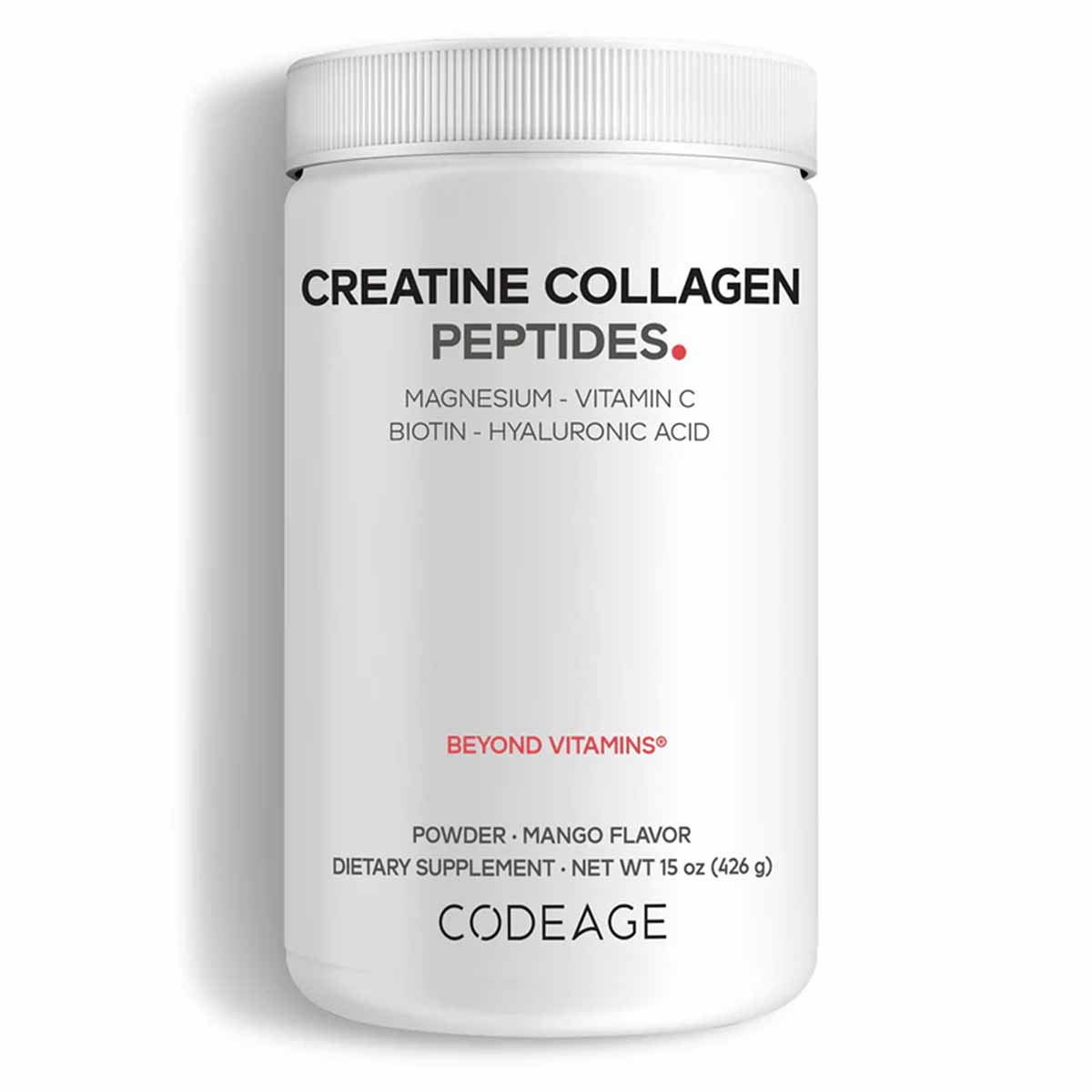 White powder supplement container labeled Creatine Collagen Peptides with white screw-top lid, 15 oz size.