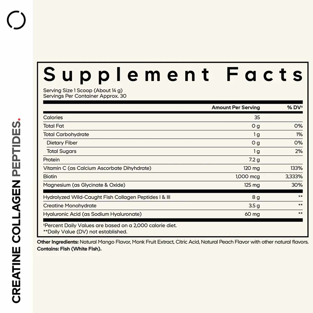 Supplement Facts label for Creatine Collagen Peptides showing serving size, nutritional information, and ingredients includin