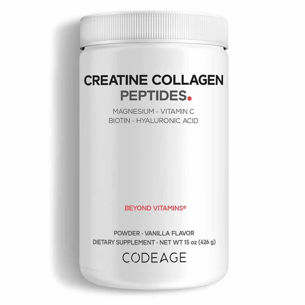 White powder container labeled Creatine Collagen Peptides with vanilla flavor, 15 oz net weight by Codeage.