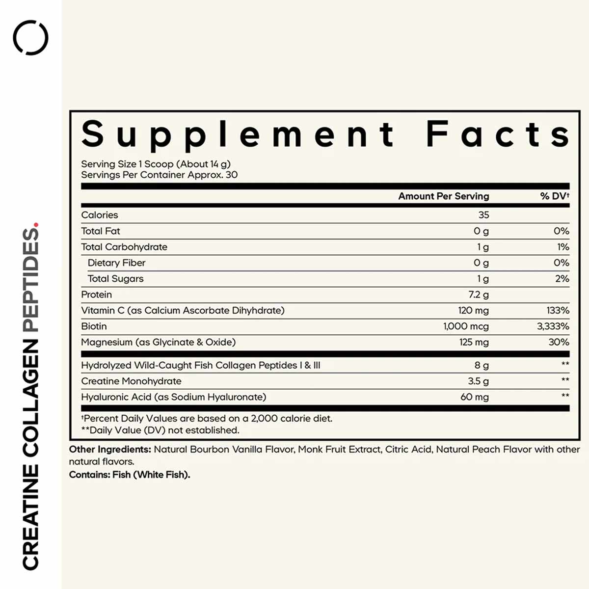 Supplement Facts label for Creatine Collagen Peptides showing nutritional information including protein, creatine monohydrate