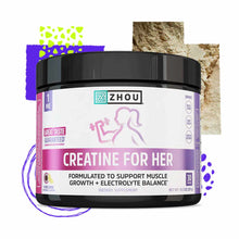Zhou Nutrition creatine powder in white and purple container with black lid, 30 servings.