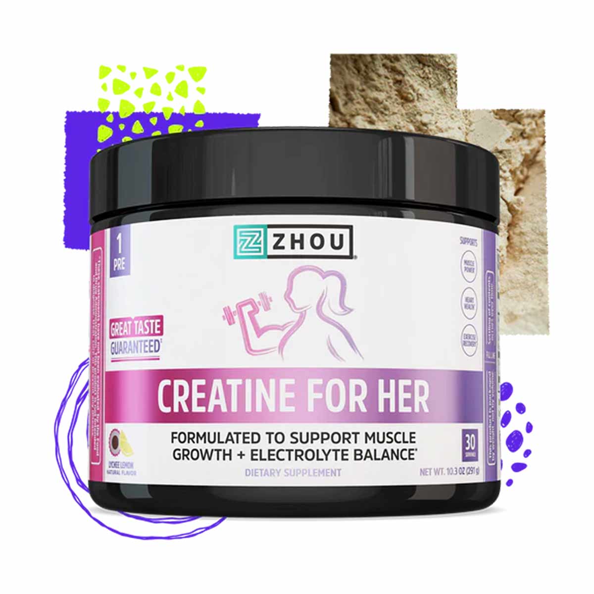 Zhou Nutrition creatine powder in white and purple container with black lid, 30 servings.