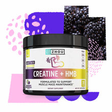 Zhou Nutrition Creatine + HMB powder in black container with yellow and purple label, 30 servings, blackberry pomegranate fla