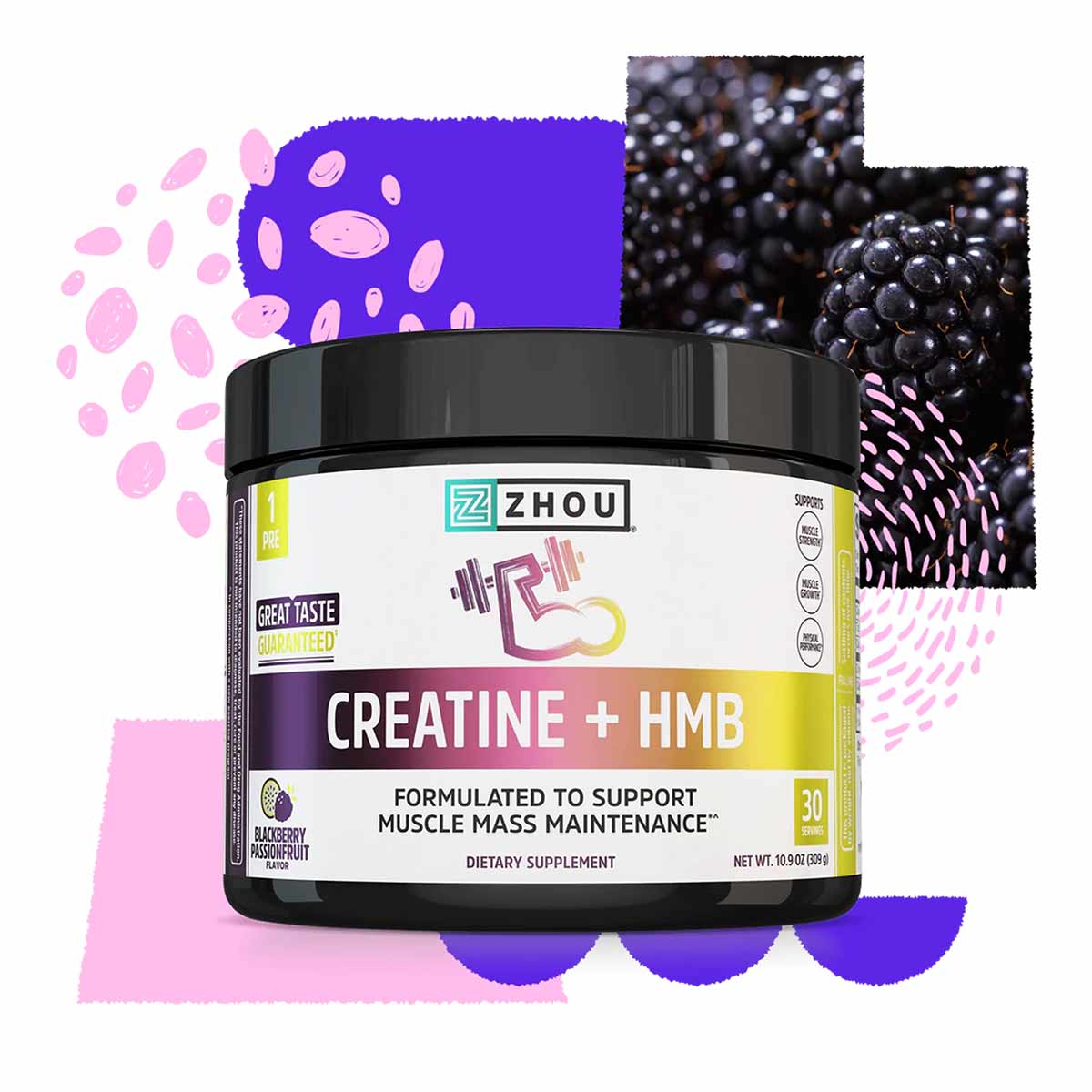 Zhou Nutrition Creatine + HMB powder in black container with yellow and purple label, 30 servings, blackberry pomegranate fla