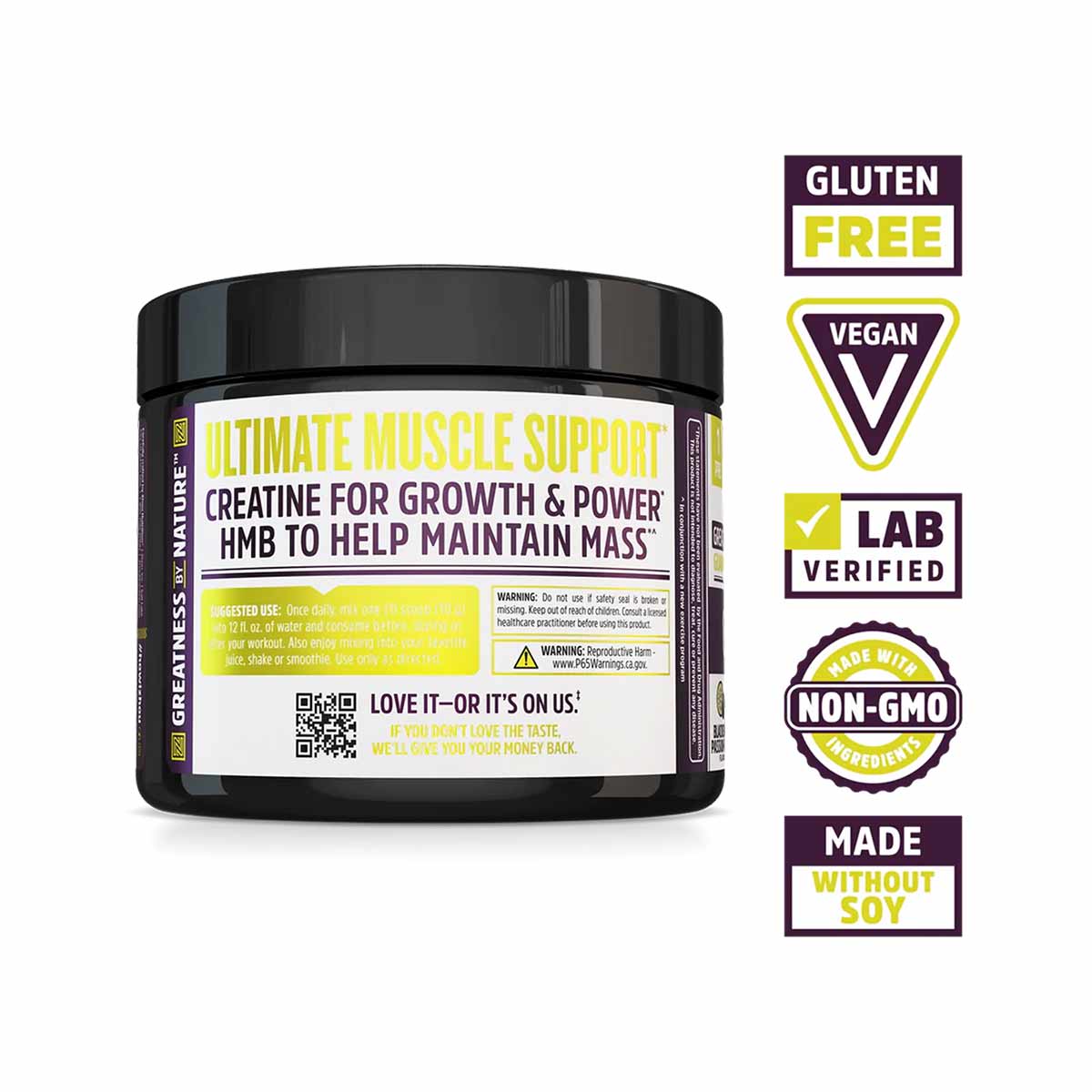 Black container of Zhou Nutrition Creatine + HMB powder with yellow and white label displaying muscle support claims and cert