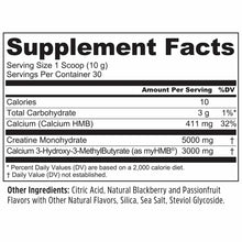 Supplement Facts label for Zhou Nutrition Creatine + HMB Powder showing nutritional information and ingredients per serving.