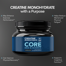 Black container with blue label showing Core Med Science creatine monohydrate powder, unflavored, 468.4g.