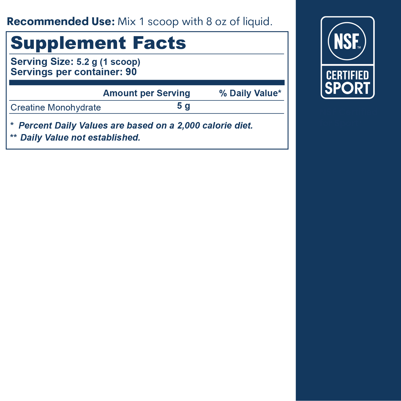 Supplement facts label showing 5g creatine monohydrate per 5.2g serving with NSF Certified Sport badge.