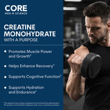 Core Med Science Creatine Monohydrate packaging with man lifting dumbbell in gym setting.