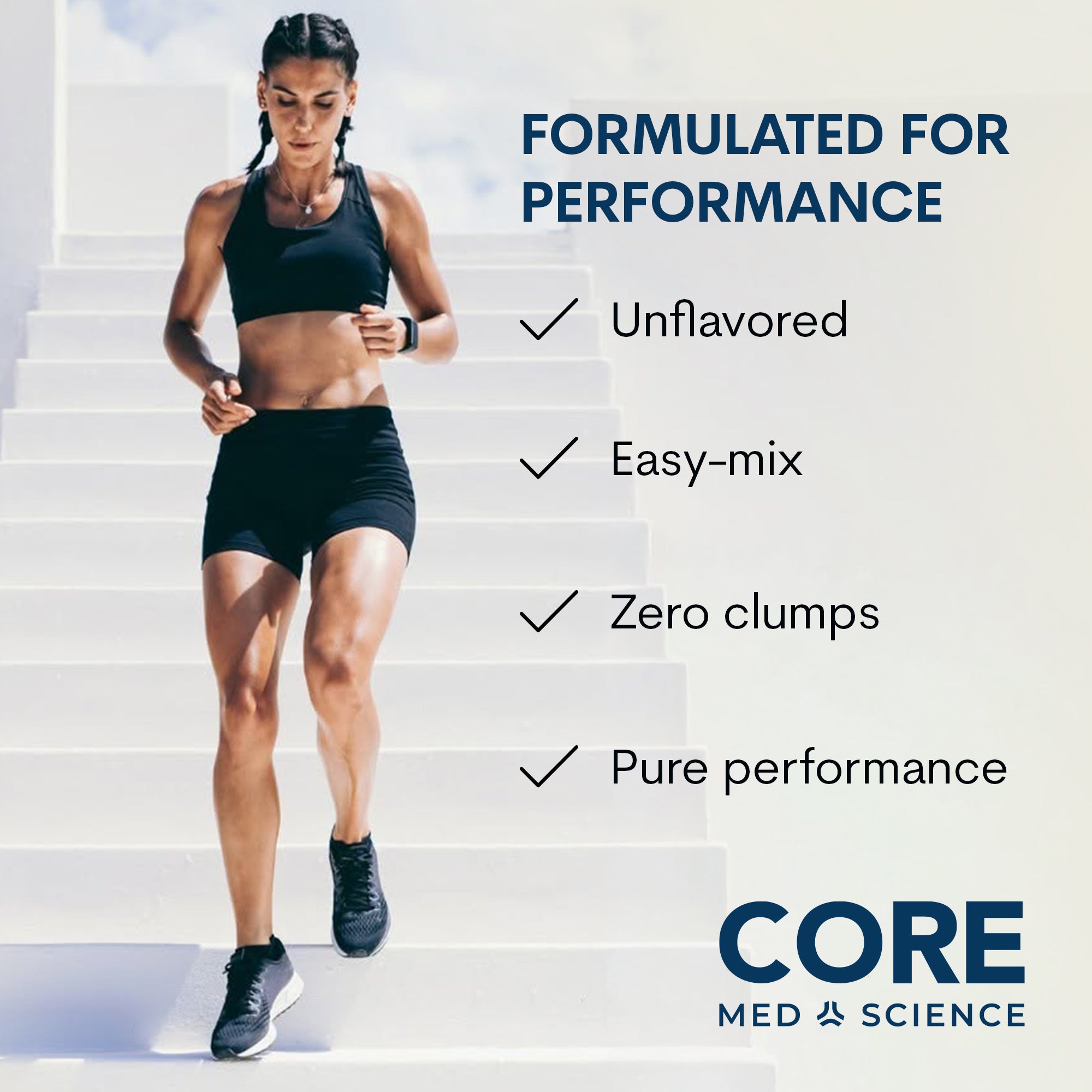 Woman jogging in black athletic wear with text listing product features including unflavored, easy-mix, zero clumps, and pure
