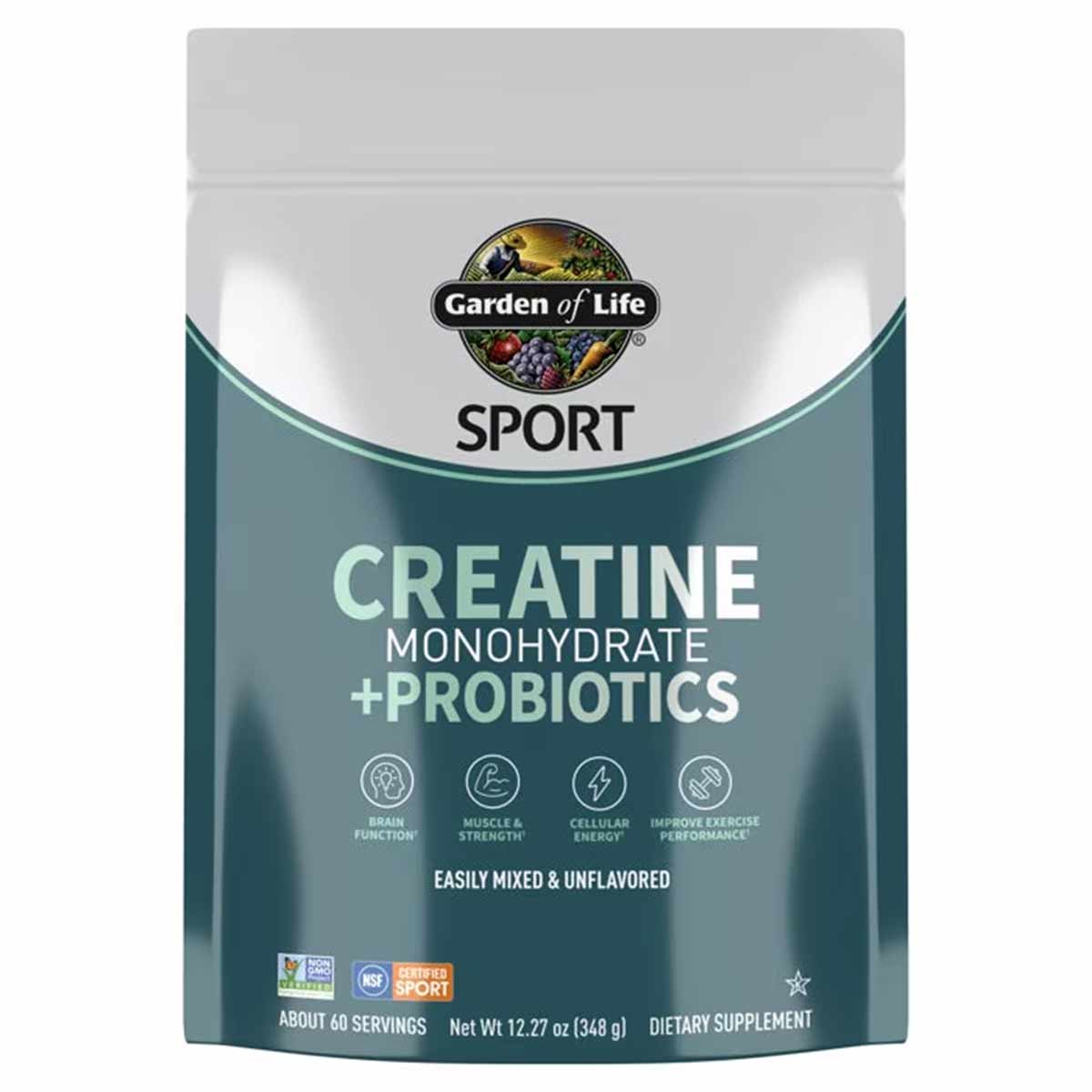 Garden of Life Sport Creatine Monohydrate + Probiotics powder in white and teal pouch with brand logo and product information