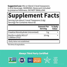 Supplement Facts label showing Creatine Monohydrate 5g and Bacillus subtilis probiotic per serving, with certification logos 