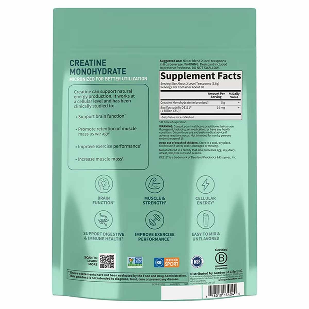 Mint green pouch of Garden of Life Sport Creatine Monohydrate + Probiotics powder with supplement facts label and product ben