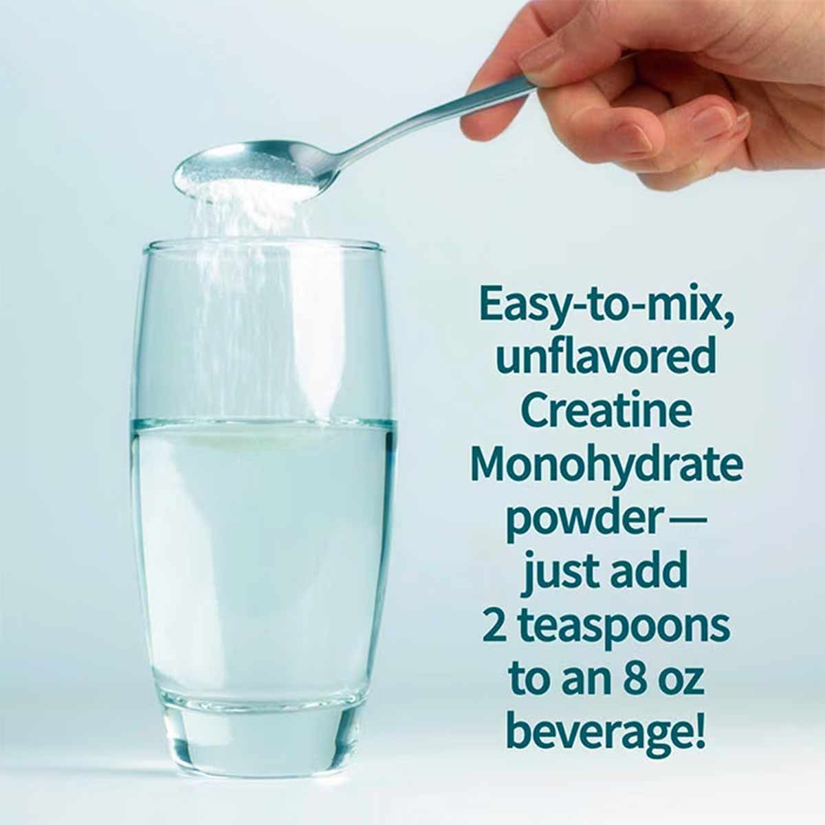 Hand holding metal spoon with white powder over glass of clear water with text about mixing instructions.