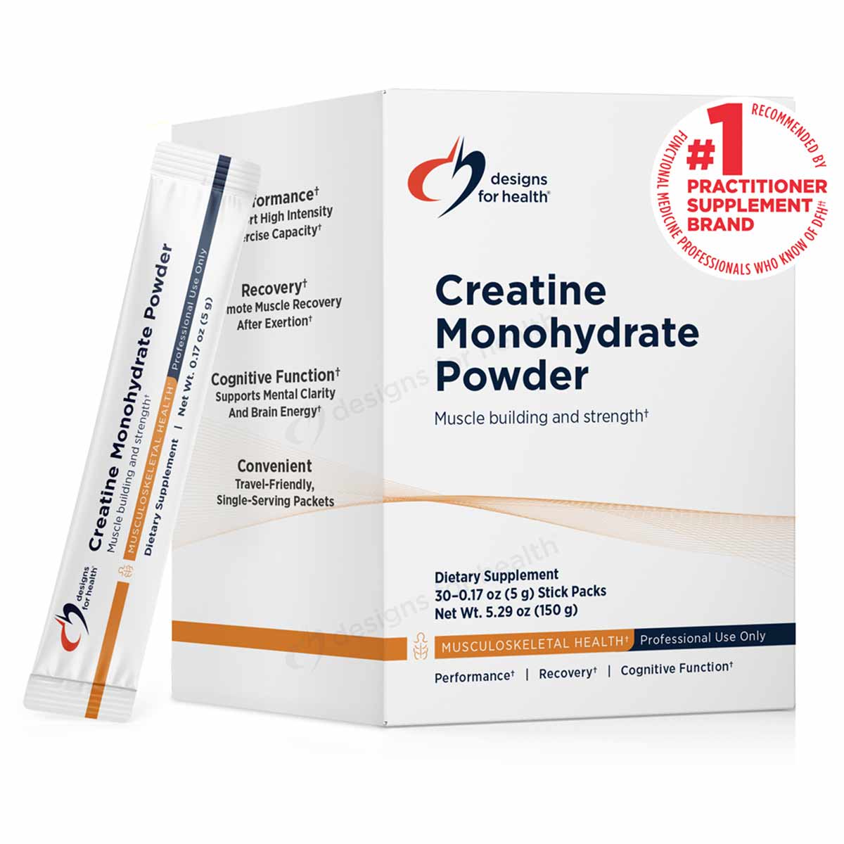 White box of Designs For Health Creatine Monohydrate Powder with individual stick packs displayed to the left.