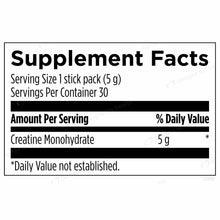 Supplement Facts label showing creatine monohydrate 5g per stick pack, 30 servings per container.