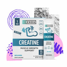 Zhou Nutrition creatine stick packs box and individual packet with unflavored powder supplement.