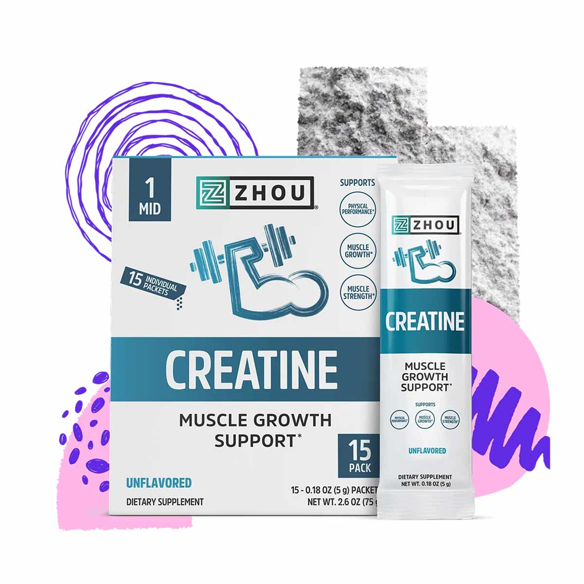 Zhou Nutrition creatine stick packs box and individual packet with unflavored powder supplement.